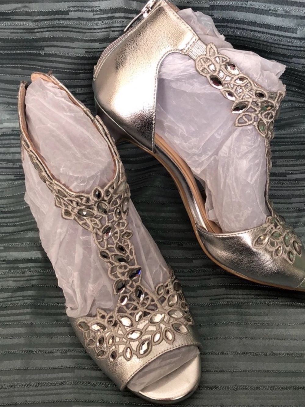 Alex Marie Silver Jeweled T-Strap Peep-Toe Heels